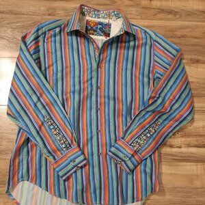 Robert Graham Dress Shirt Multicolor Stripe Geometric Flip Cuff Embroidery Large